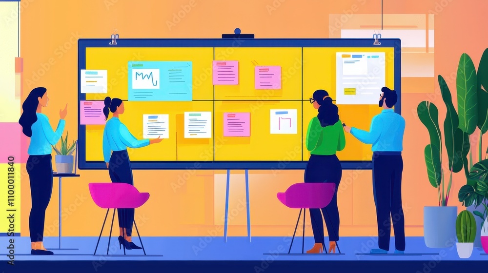 Poster a group collaborates at a colorful workspace, engaging with a large board filled with notes and idea