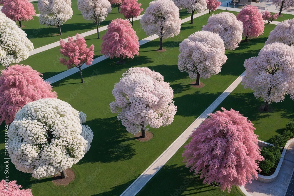 Aufkleber elevated aerial view of blooming flowering trees in 3d design for artistic visualization and spatial