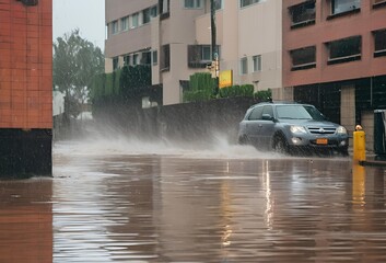 car rides in heavy rain on a flooded road