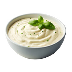 Creamy alfredo sauce in a white bowl on transparent background.