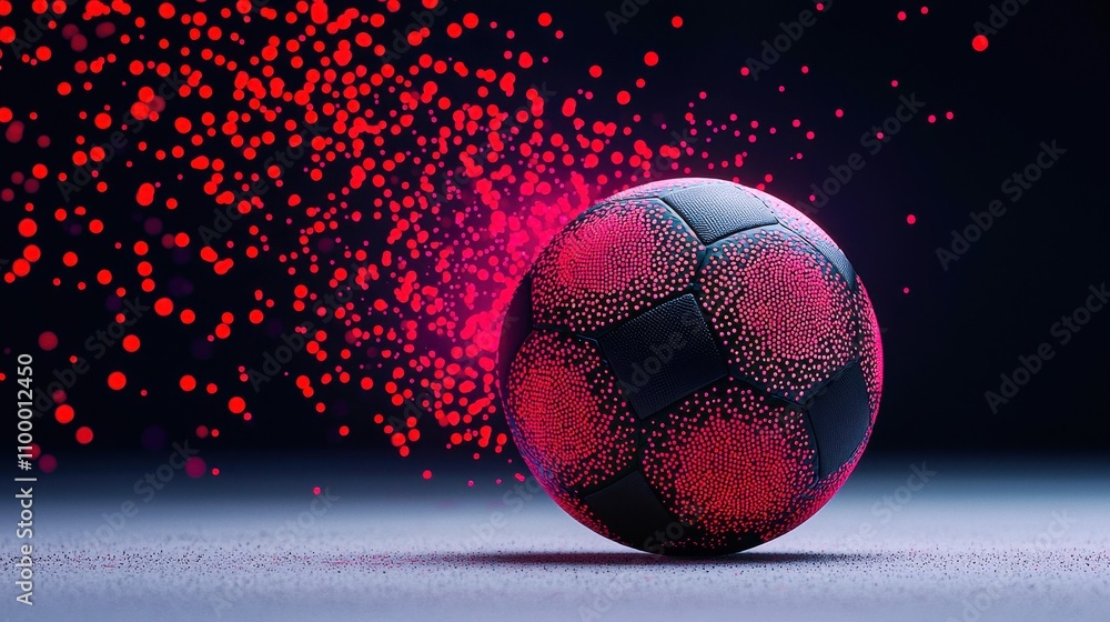 Poster dynamic soccer ball with splashes of color on a dark background.