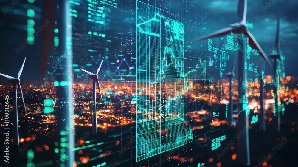 Poster a futuristic landscape blending digital data visualization with wind turbines, symbolizing the inter