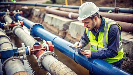 Construction Worker Inspecting Large Water Pipes