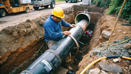 Naklejka premium Worker Installing a Large Pipe in a Trench