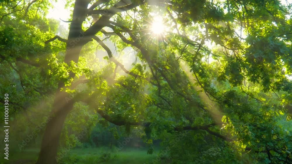 Poster magic foggy green forest. sunrays break through green leaves. sunlight filters through lush tree can