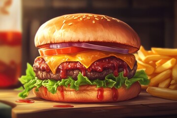 Delicious Burger Delight: Juicy Grilled Meat with Fresh Veggies, Ketchup, and Soft Buns Served with Crispy Fries