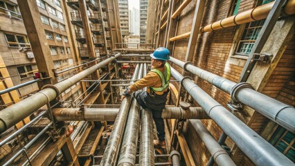 Construction Worker on a Scaffolding Structure Surrounded by Pipes