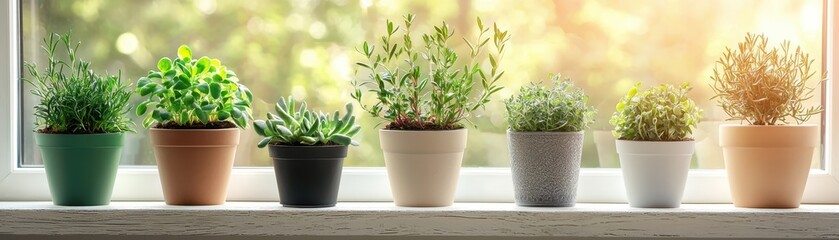 Obraz premium A serene window sill lined with various potted plants, showcasing vibrant greens and earthy pots, illuminated by warm sunlight.
