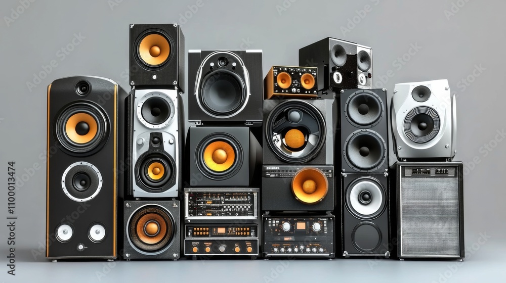 Poster various audio speakers and sound systems displayed in a modern arrangement on a gray background