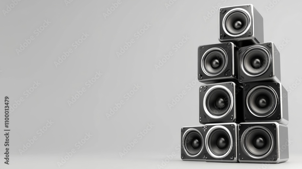 Poster a stack of six black speakers arranged in a pyramid shape against a plain gray background in a minim