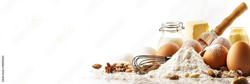 Poster baking essentials such as flour, eggs, and whisk are neatly arranged on a white backdrop, providing 