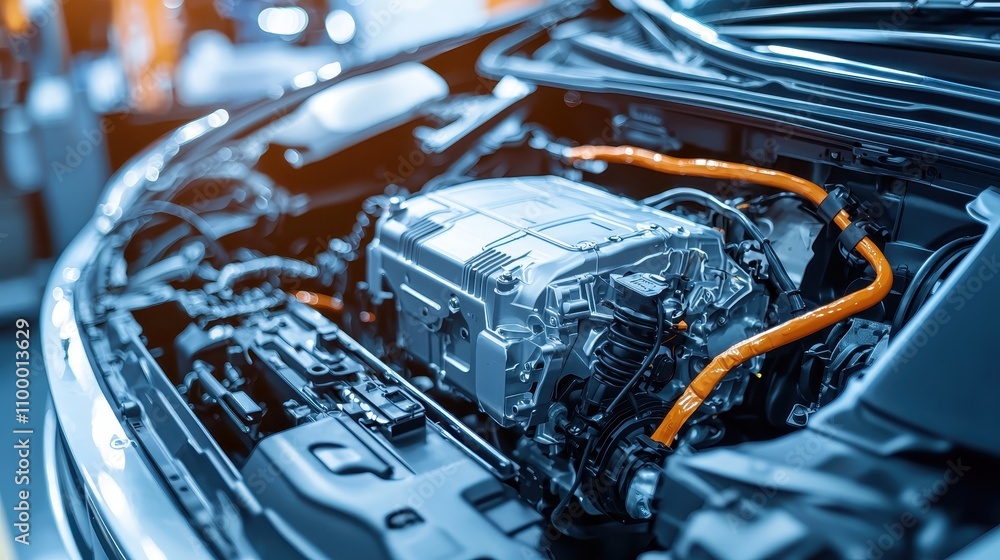 Poster a close-up view of a modern car engine showcasing advanced components and integrated electrical syst