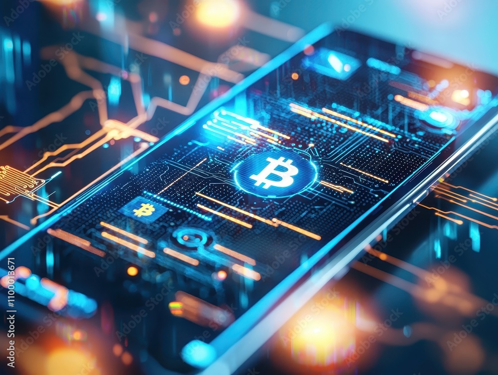 Poster a smartphone displays a glowing bitcoin logo amidst digital data, symbolizing cryptocurrency and blo
