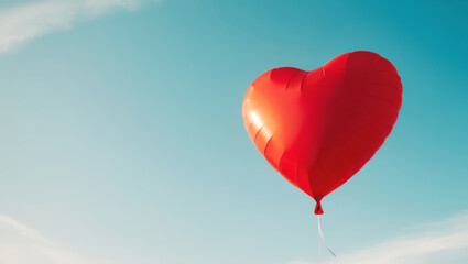 Fototapeta premium Single red heart balloon in a bright blue sky with empty space, for design, holiday cards and Valentine's Day invitations