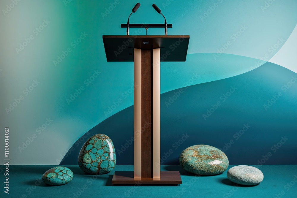 Poster a unique turquoise gradient backdrop featuring a lectern and artisanal stones in a blended color sch