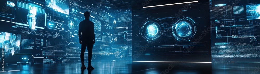 Poster a silhouetted figure stands in a futuristic, illuminated space filled with digital screens and holog