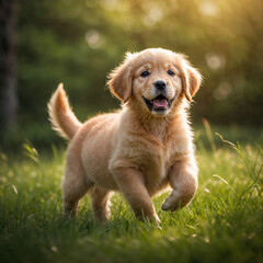 A full-body portrait of a playful Golden Retriever puppy standing on soft grass on a blurred green tree background.