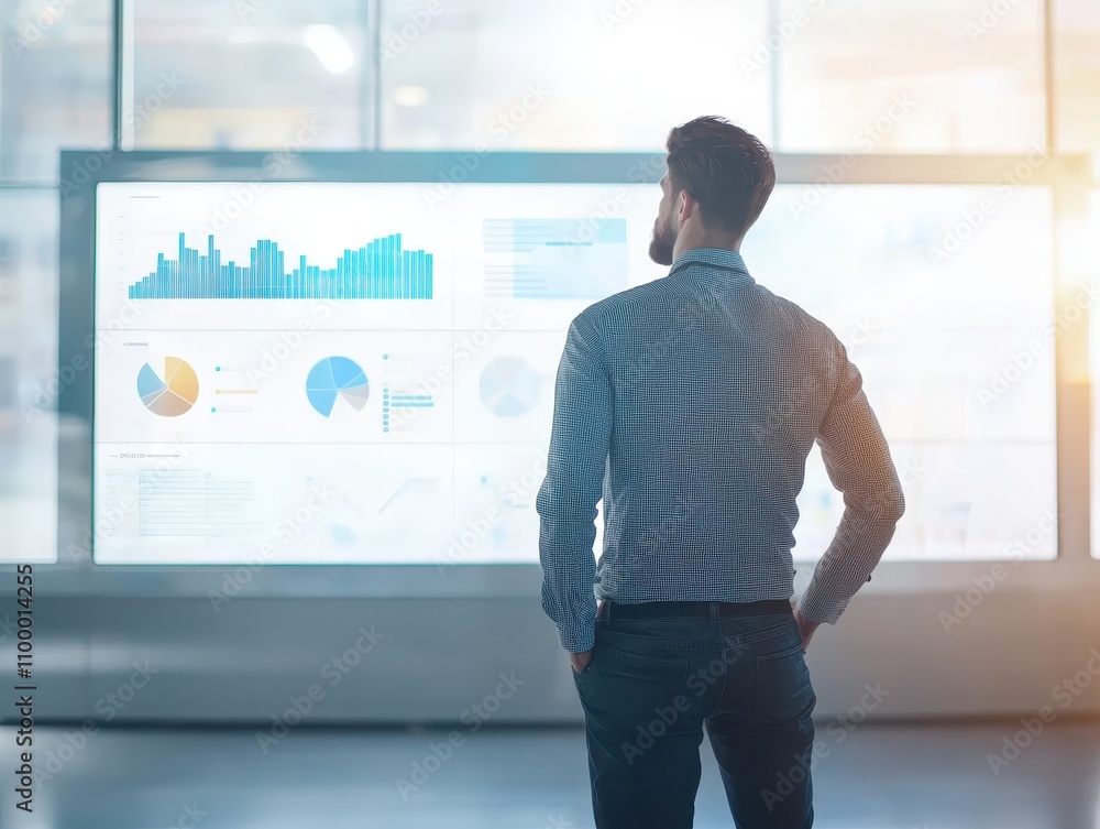 Poster a man examines data analytics on a large screen, reflecting a modern workspace focused on technology