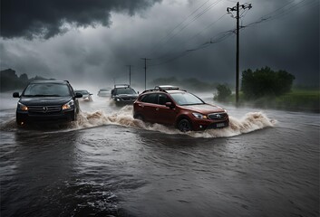 car rides in heavy rain on a flooded road