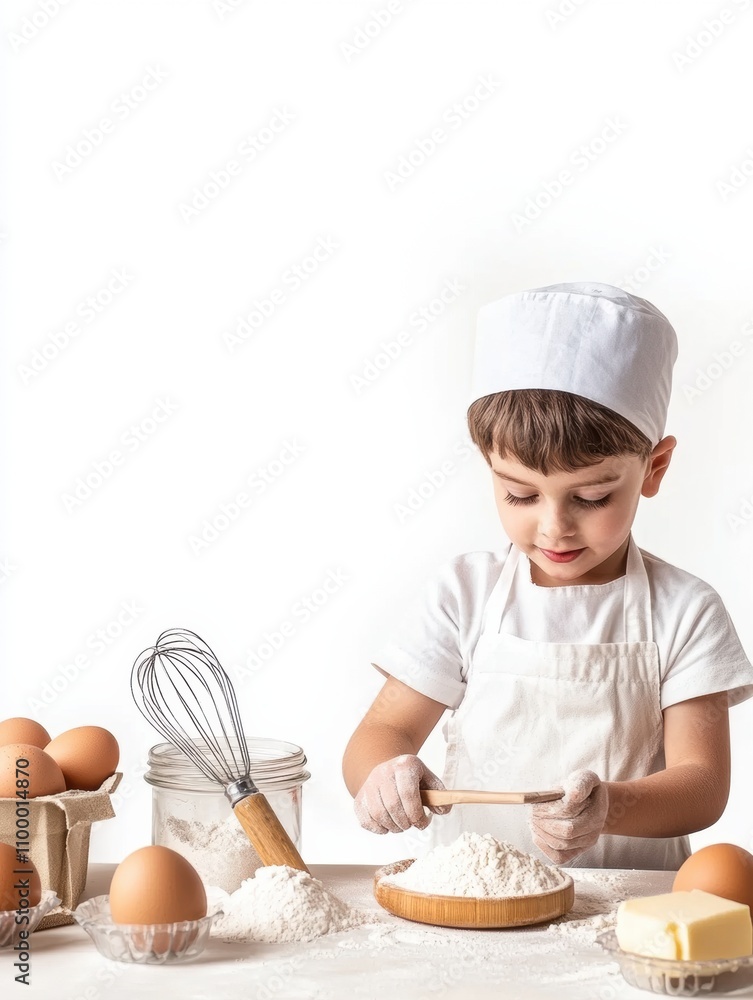 Poster Young chef in white apron measures flour, surrounded by baking essentials like eggs and butter, ready to create delicious cookies. Generative AI
