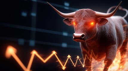 Rendering Stock Market Bull Concept, Fierce Digital Bull Glowing with Fiery Energy on a Dark Background