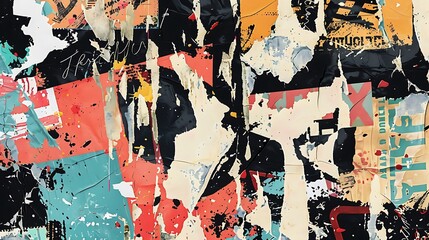 Fototapeta premium A vibrant collage of torn posters and textures, showcasing a mix of colors and patterns for artistic expression.