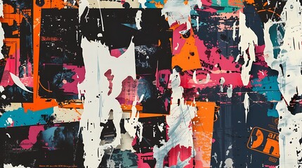 Fototapeta premium A vibrant abstract collage featuring bold colors, textures, and layered graphics, creating a dynamic visual experience.
