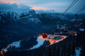 Fototapeta premium Winter blue hour after sunset at Banff Gondola, aerial view of Banff, Canadian Rockies, Alberta Canada