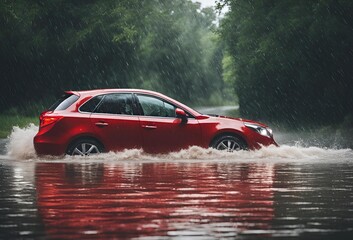 car rides in heavy rain on a flooded road