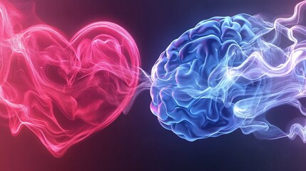 Abstract pink heart and blue brain connected by energy flow