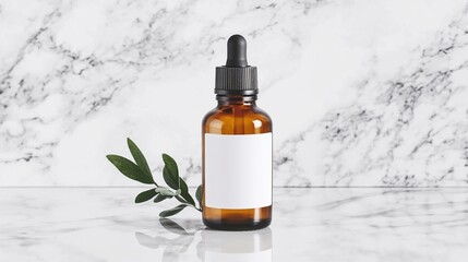 Amber dropper bottle with blank label on marble surface