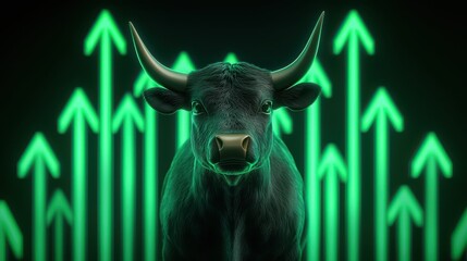 Rendering Stock Market Bull Concept, Futuristic Bull Surrounded by Green Arrows in Digital Rendering