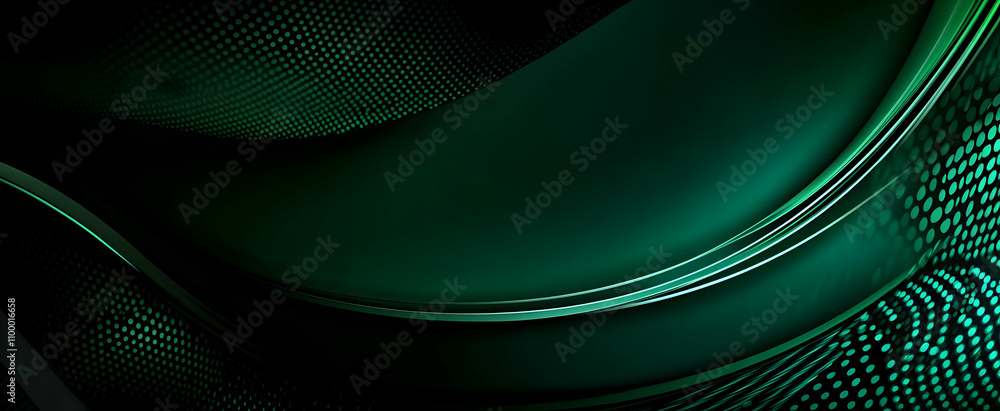 Poster abstract dark green background with glowing lines and dotted patterns, creating a dynamic and modern