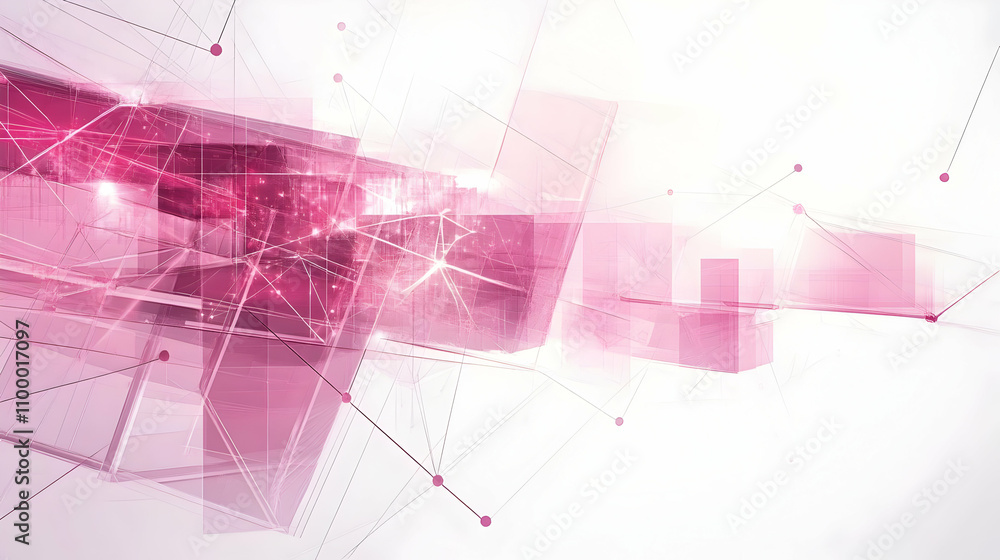 Poster abstract pink geometric shapes and lines forming a network connection, representing technology, data