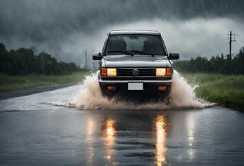 car rides in heavy rain on a flooded road