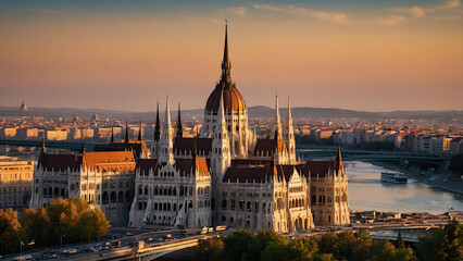 Fototapeta premium city of Budapest, architectural masterpiece in all its glory, with the setting sun casting a warm glow 