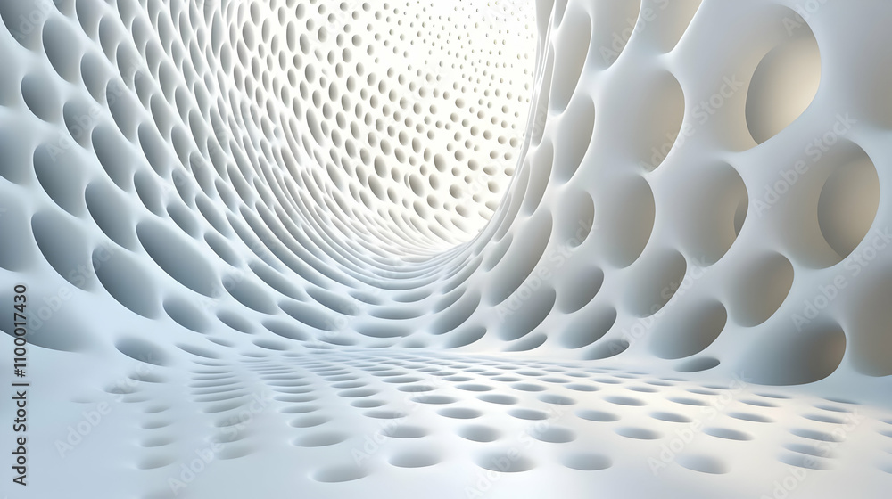 Poster abstract 3d rendering of a white, undulating surface with circular recesses, creating a futuristic o