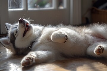 Fototapeta premium Happy Siberian Husky puppy relaxing on hardwood floor in sunbeam.