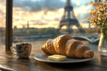 French croissant with butter, served on a cafe table overlooking the Eiffel Tower
