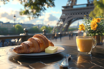 French croissant with butter, served on a cafe table overlooking the Eiffel Tower