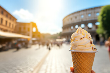 Italian gelato in a cone, enjoyed on a sunny day near the Colosseum