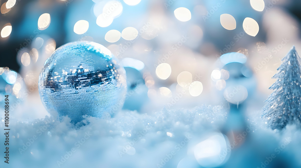 Poster a shimmering disco ball rests in the snow, surrounded by soft blue bokeh lights and a miniature fros
