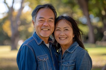 Obraz premium Portrait of a smiling asian couple in their 50s sporting a versatile denim shirt in bright and cheerful park background