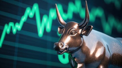 Rendering Stock Market Bull Concept, Illuminated Metallic Bull Statue Pointing Upward Against Green Graph