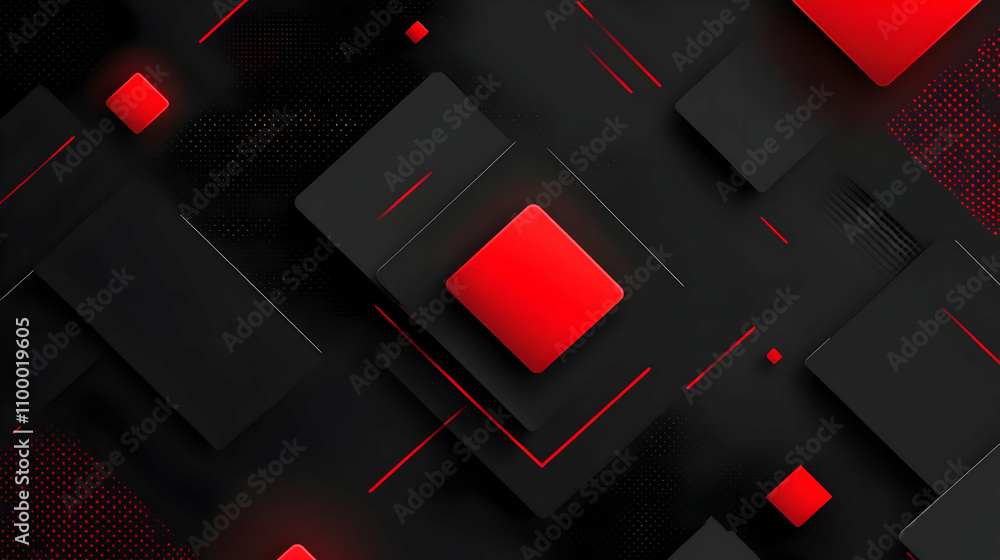 Poster abstract red and black geometric shapes overlapping with lines and dots creating a modern, dynamic d