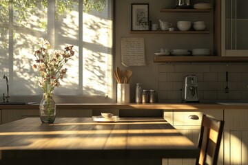 Fototapeta premium Modern Dining Room Interior with Wooden Table and Chair, Minimalist Kitchen Counter with Flower Vase