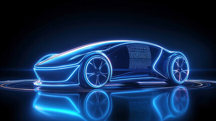 Naklejka premium futuristic and technological glowing blue concept car on dark background