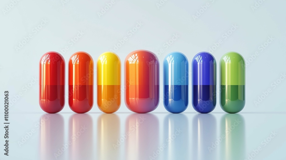 Poster colorful capsules in a row with reflection on a light surface