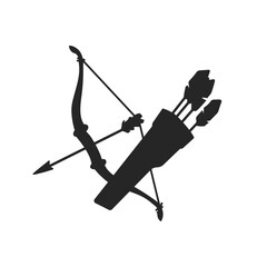 Bow and quiver icon. Isolated black symbol of medieval weapon. Hunter equipment. Longbow simple art. Archery festival logo