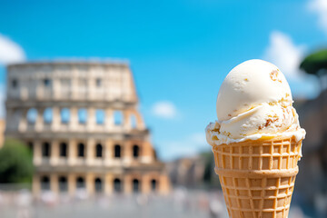 Italian gelato in a cone, enjoyed on a sunny day near the Colosseum